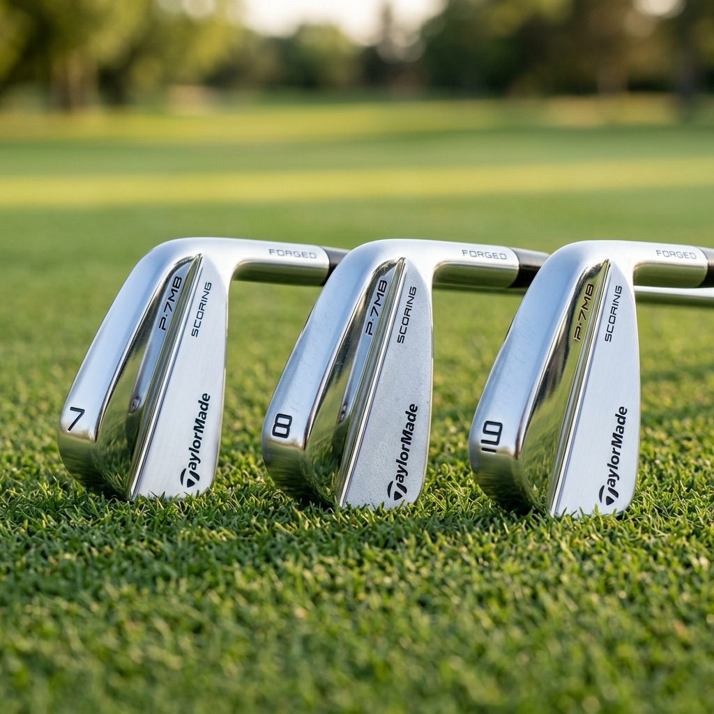Premium golf iron club heads on green grass