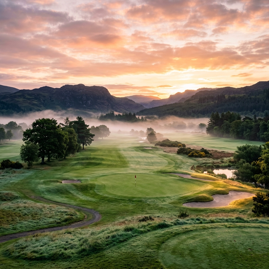 Pristine golf course at dawn with morning mist